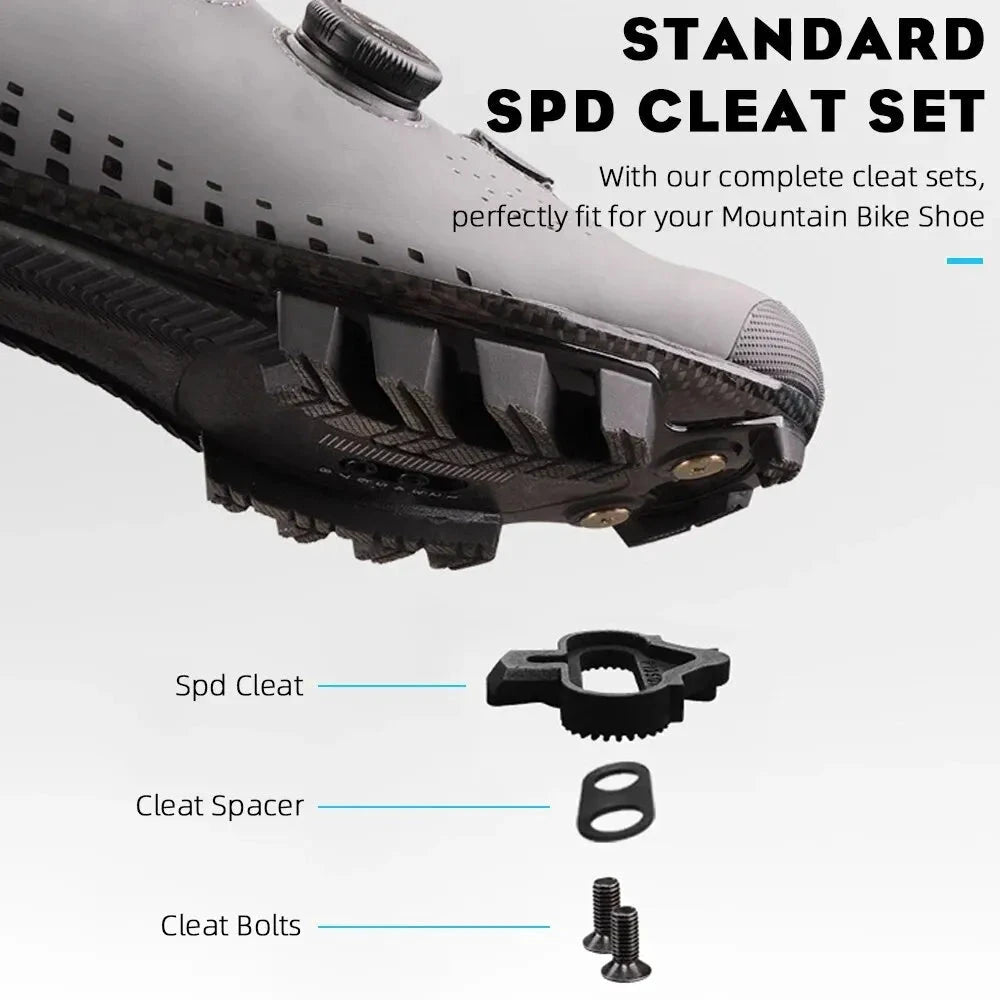 Mandotos RYET MTB clipless pedals with durable metal grip plates and cleats for mountain biking control and stability.