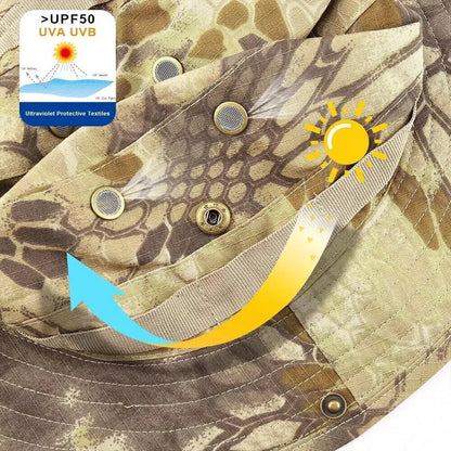 Mandotos safari camo sun hat with mesh boonie design, ideal for outdoor activities and sun protection.