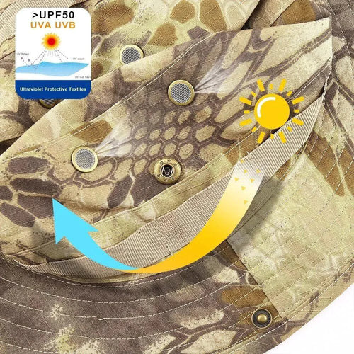 Mandotos safari camo sun hat with mesh boonie design, ideal for outdoor activities and sun protection.