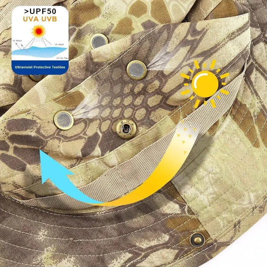 Mandotos safari camo sun hat with mesh boonie design, ideal for outdoor activities and sun protection.