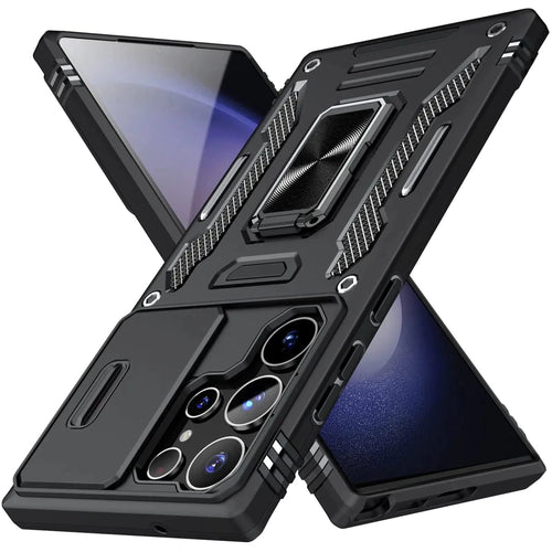 Mandotos Samsung Galaxy S23 Ultra case with camera shield and versatile ring stand, offering protection and improved grip.