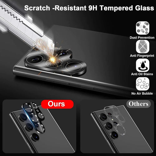 Mandotos screen protector for Samsung S23 and S22 Ultra, clear tempered glass with precise fit and edge coverage.