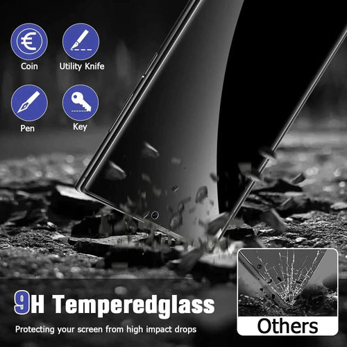 Mandotos screen protector for Samsung S23 and S22 Ultra, clear protective film showing installation on phone screen.