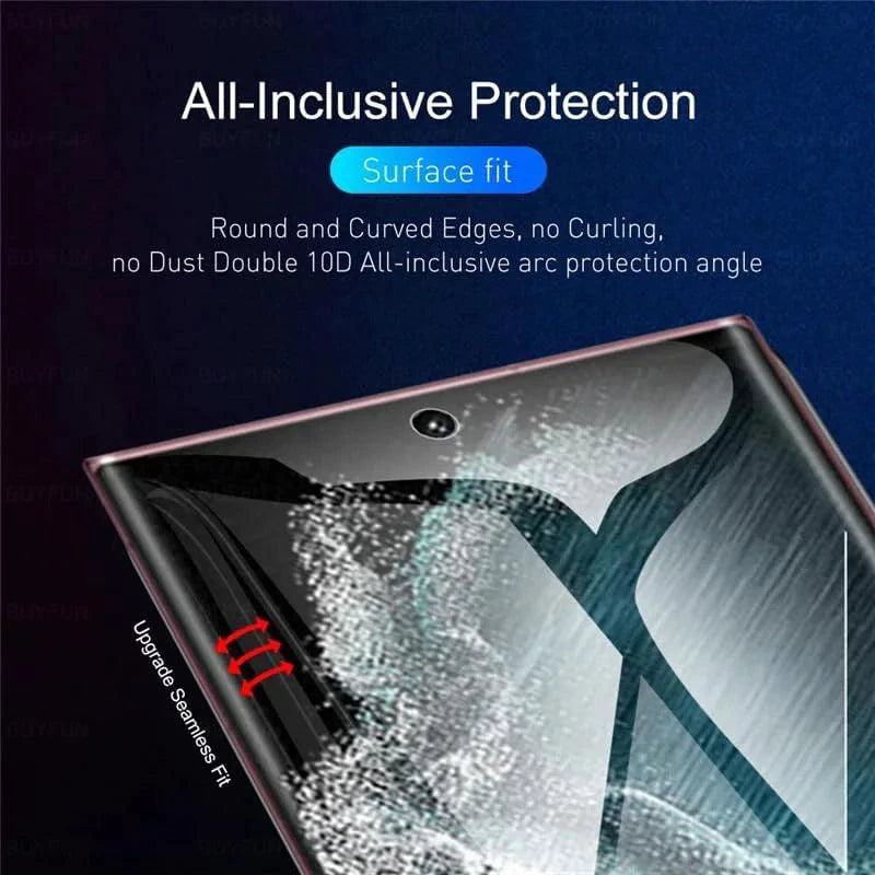 Mandotos screen protector for Samsung Galaxy S23 and S22 Ultra, clear protective film shown on phone screen.