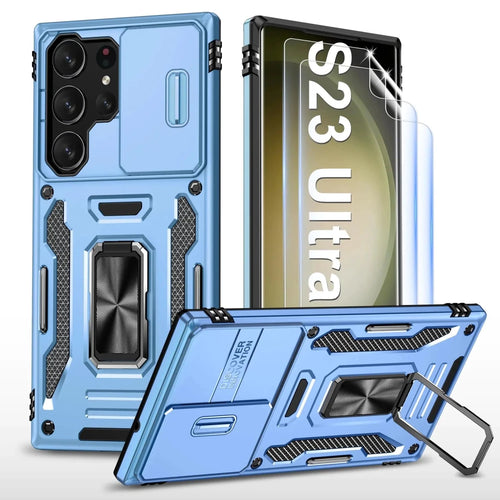 Mandotos Samsung S23 Ultra 5G case with shockproof protection and built-in camera cover, providing durable phone safeguarding.