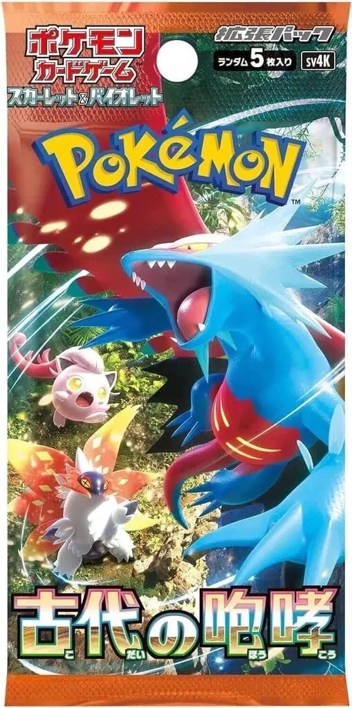 Mandotos Scarlet & Violet SV4K Ancient Roar TCG Pack showing colorful booster pack with Pokémon trading cards inside