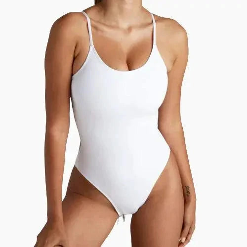 Mandotos Sculpting Beachwear Bodysuit in black, form-fitting swimsuit with supportive design, perfect for beach and poolside wear.