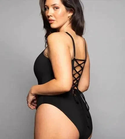 Mandotos Sculpting Beachwear Bodysuit displayed on a mannequin, featuring a sleek, form-fitting design ideal for beachwear and swim fashion.
