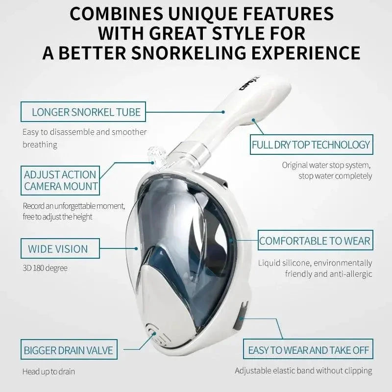 Mandotos seamless snorkel dive mask with clear lens and black strap, designed for comfortable underwater snorkeling.