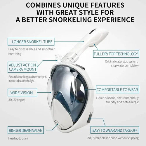 Mandotos seamless snorkel dive mask with clear lens and black strap, designed for comfortable underwater snorkeling.