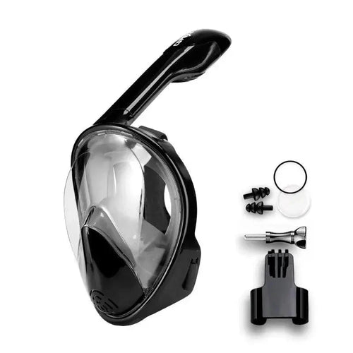 Mandotos seamless snorkel dive mask showing clear lens, black silicone skirt, and adjustable strap for comfortable underwater fit.