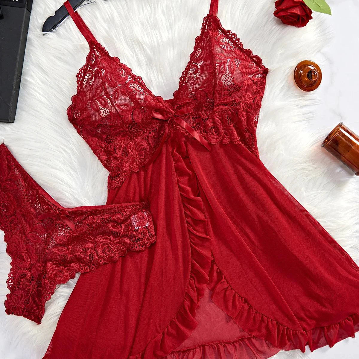 Mandotos red lace nightdress and panty set, transparent sleepwear for confident women, featuring delicate lace details and a flattering fit.