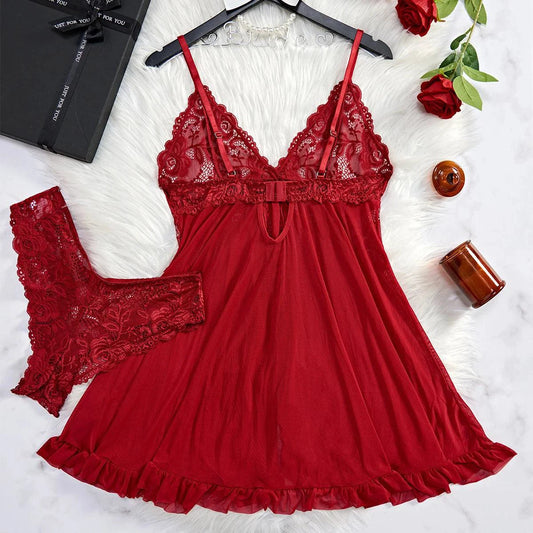 Red lace nightdress and panty set by MANDOTOS, transparent sleepwear for confident women, featuring delicate lace details and a flattering fit.