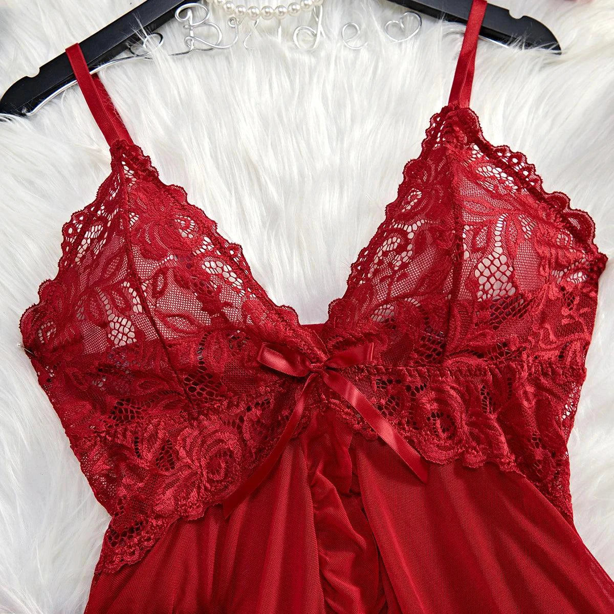 Mandotos red lace nightdress and matching panty set, transparent sleepwear for confident women, shown on a model.