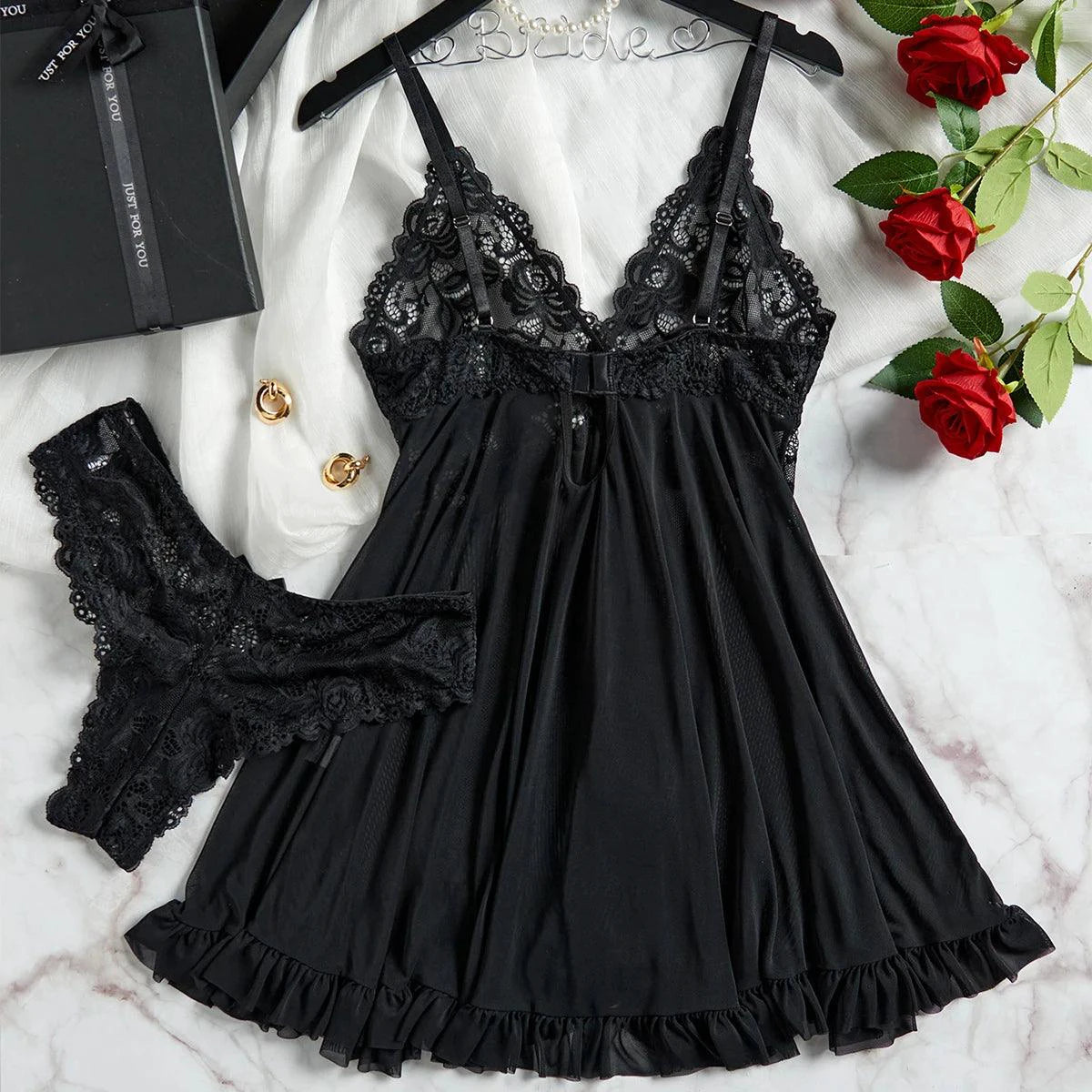 Mandotos red lace nightdress and matching panty set, transparent sleepwear designed for confident women.