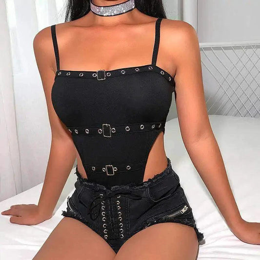 Black leather lingerie bodysuit by MANDOTOS featuring a seductive design with straps and sheer panels, perfect for intimate wear.