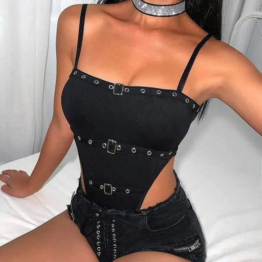 Mandotos seductive leather lingerie bodysuit with cut-out details and adjustable straps, designed for bold, stylish appeal.