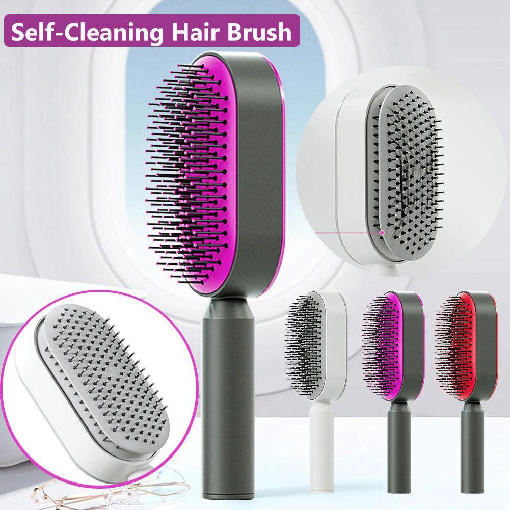 Mandotos self-cleaning hair brush with scalp massage features, showing ergonomic design and one-click cleaning mechanism.