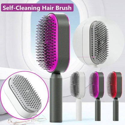 Mandotos self-cleaning hair brush with scalp massage features, showing ergonomic design and one-click cleaning mechanism.