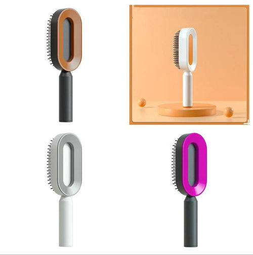 Mandotos self-cleaning hair brush with scalp massage feature, showing ergonomic design and one-click cleaning mechanism.