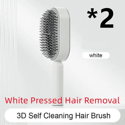 Mandotos self-cleaning hair brush with scalp massage features, shown with ergonomic handle and cleaning mechanism.