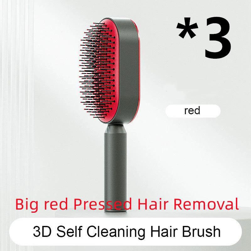 Mandotos self-cleaning hair brush with scalp massage features, showing the brush's ergonomic design and cleaning button.
