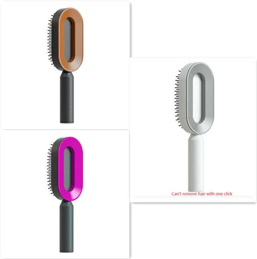 Mandotos self-cleaning hair brush with scalp massage features, showing the brush's bristles and ergonomic handle.