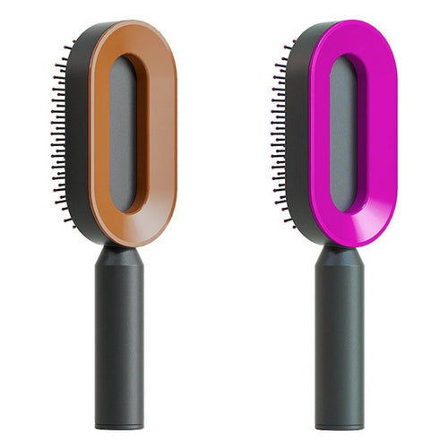 Mandotos self-cleaning hair brush with scalp massage features, shown with ergonomic handle and bristles for gentle scalp care.