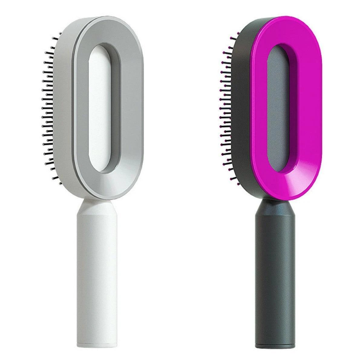 Mandotos self-cleaning hair brush with scalp massage features, showing the brush's ergonomic design and cleaning mechanism.
