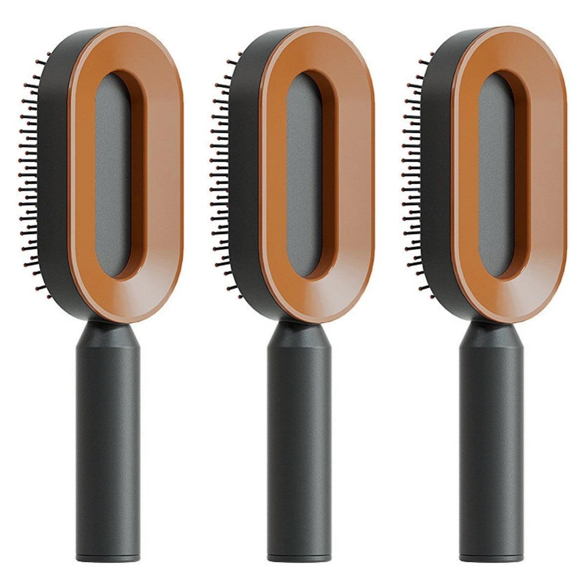Mandotos self-cleaning hair brush with scalp massage features, showing ergonomic design and one-click cleaning mechanism.