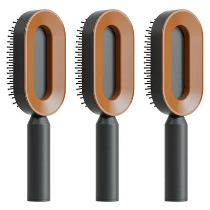 Mandotos self-cleaning hair brush with scalp massage features, showing ergonomic design and one-click cleaning mechanism.