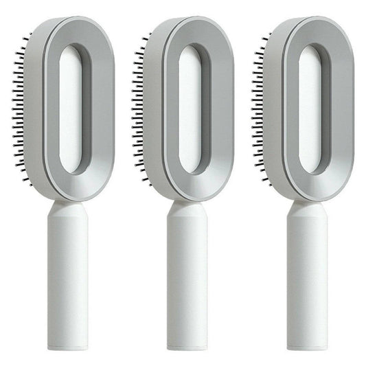 MANDOTOS self-cleaning hair brush with scalp massage features one-click cleaning and ergonomic design for gentle hair care.