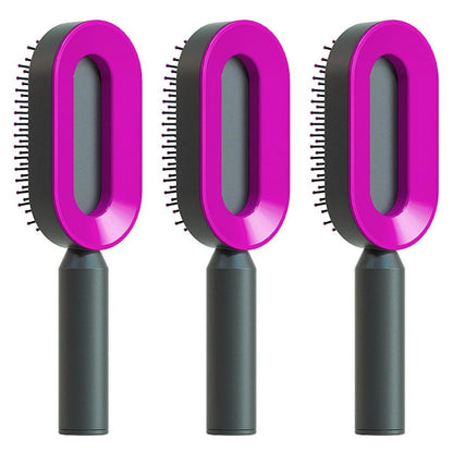 Mandotos self-cleaning hair brush with scalp massage features, showing the brush with built-in cleaning mechanism and ergonomic design.