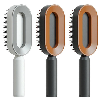 Mandotos self-cleaning hair brush with scalp massage feature, showing ergonomic design and one-click cleaning mechanism.