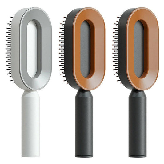 Mandotos self-cleaning hair brush with scalp massage feature, showing ergonomic design and one-click cleaning mechanism.