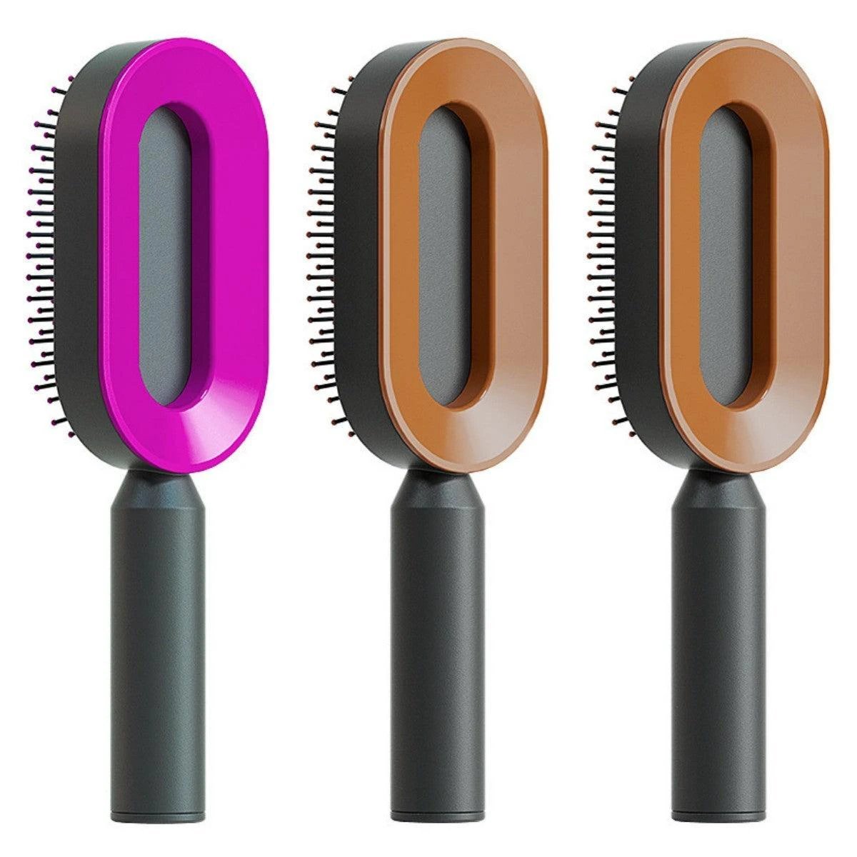 Mandotos self-cleaning hair brush with scalp massage features, showing the brush with ergonomic handle and massage nodes.