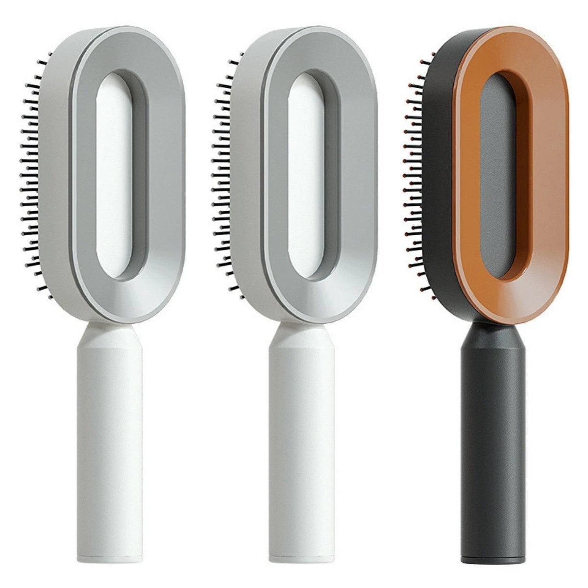 Mandotos self-cleaning hair brush with scalp massage features, showcasing the brush's ergonomic design and cleaning mechanism.