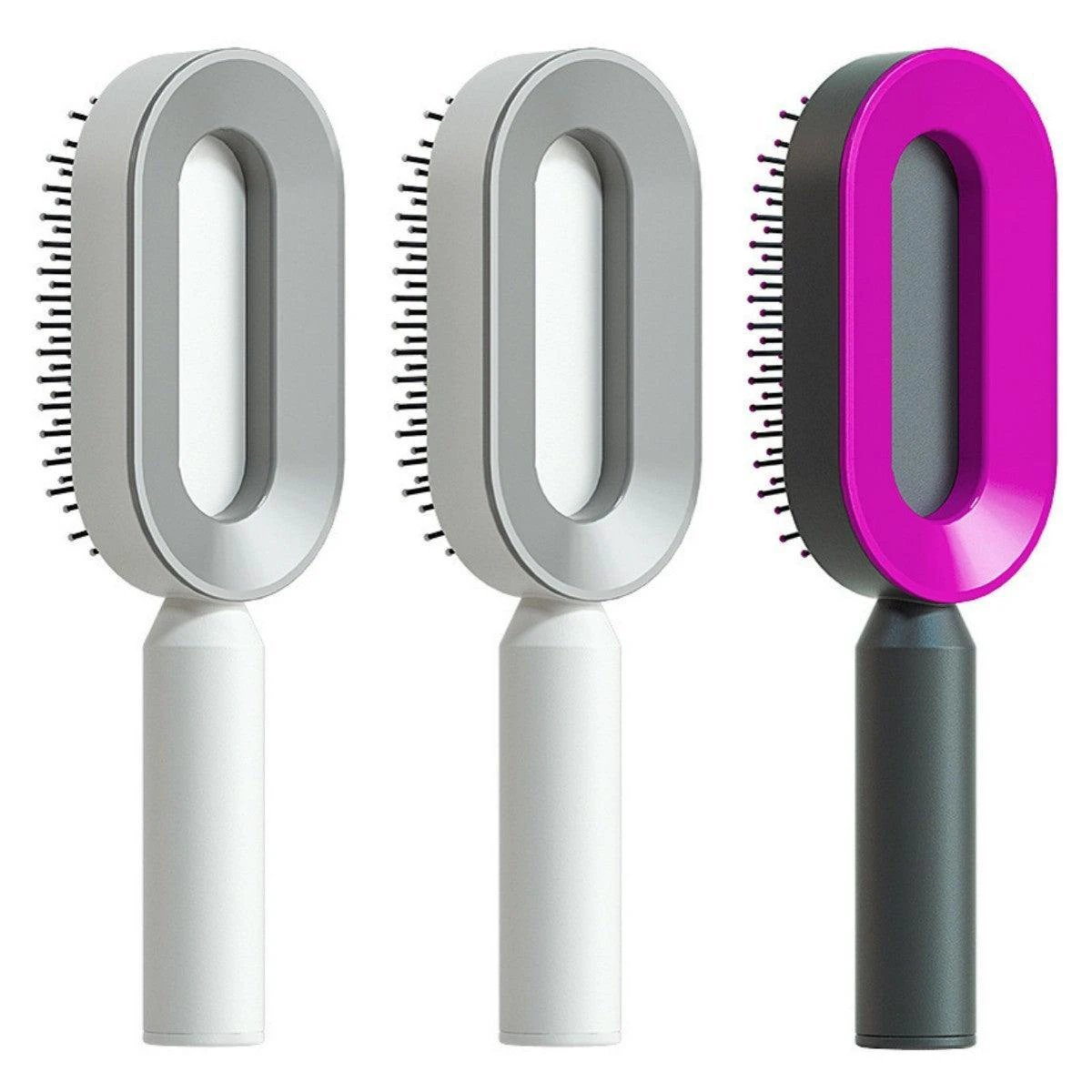 Mandotos self-cleaning hair brush with scalp massage features, showing the brush's bristles and ergonomic handle.