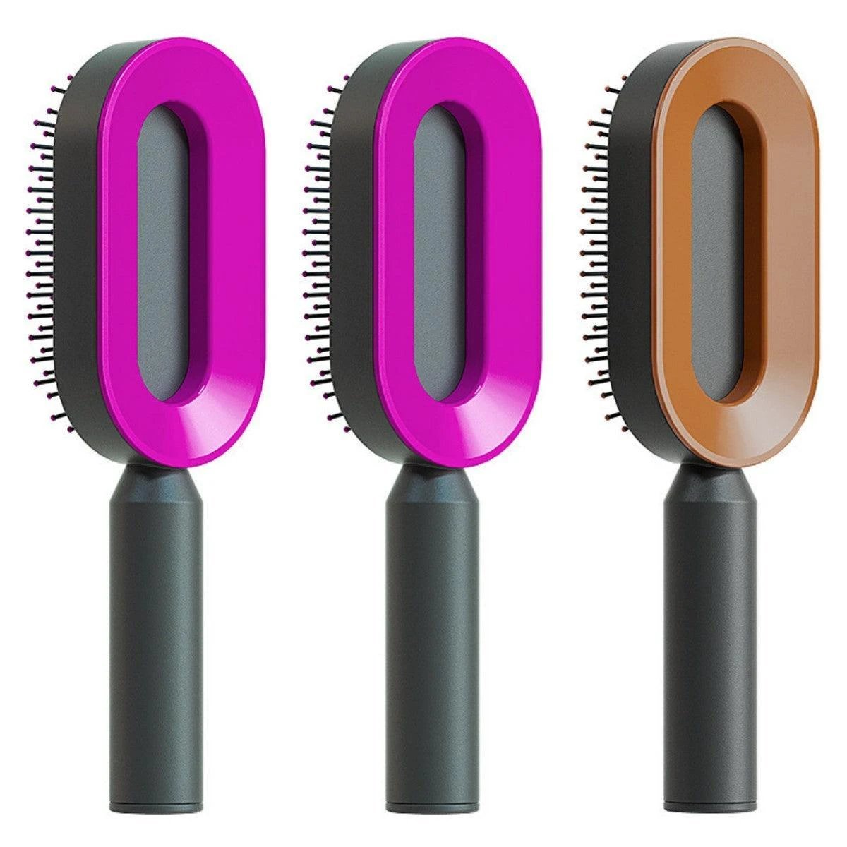 Mandotos self-cleaning hair brush with scalp massage feature and one-click cleaning mechanism, showing the brush's bristles and ergonomic design.