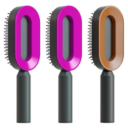 Mandotos self-cleaning hair brush with scalp massage feature and one-click cleaning mechanism, showing the brush's bristles and ergonomic design.