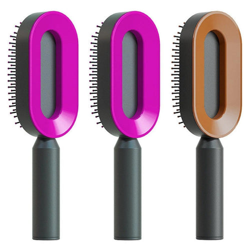 Mandotos self-cleaning hair brush with scalp massage feature and one-click cleaning mechanism, showing the brush's bristles and ergonomic design.