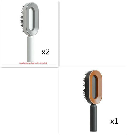 Mandotos self-cleaning hair brush with scalp massage features, showing the brush with ergonomic handle and cleaning mechanism.