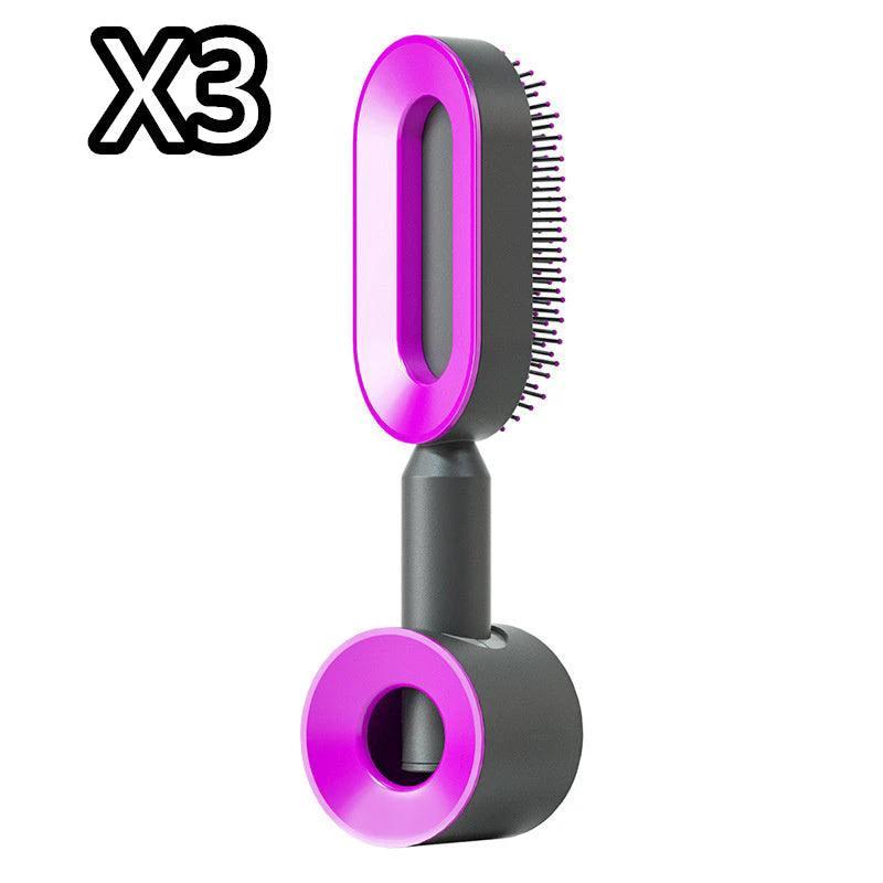 Mandotos self-cleaning hair brush with scalp massage features, showing the brush's ergonomic design and cleaning mechanism.
