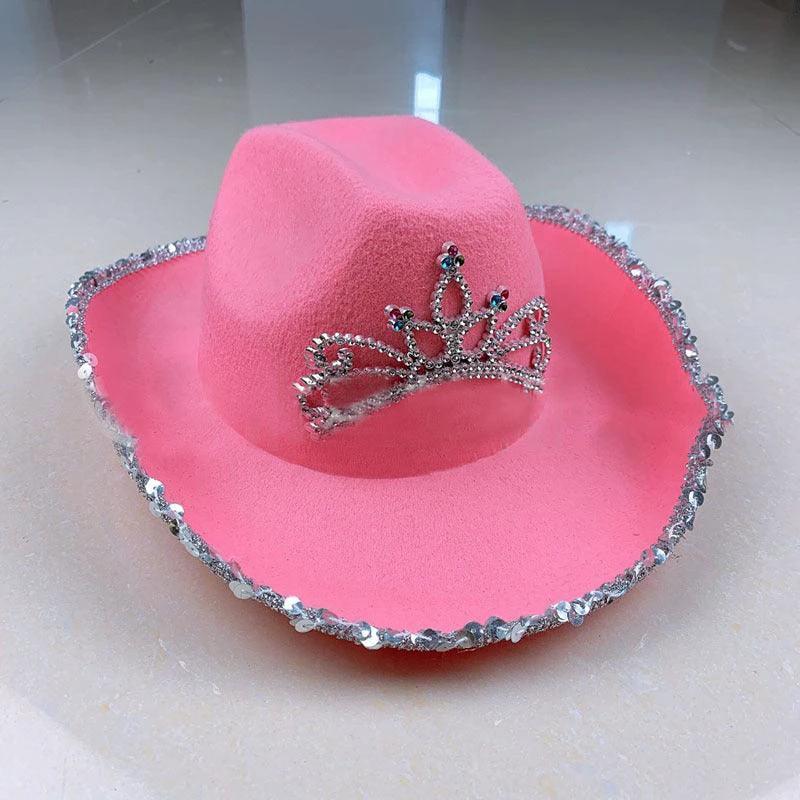 Mandotos sequined Western cowboy hat with wool felt and feather trim, featuring shimmering sequins and decorative feather accents.