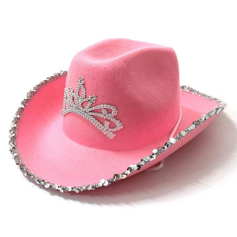 Mandotos sequined western cowboy hat with wool felt and feather trim, stylish accessory with sparkling details and feather accents.
