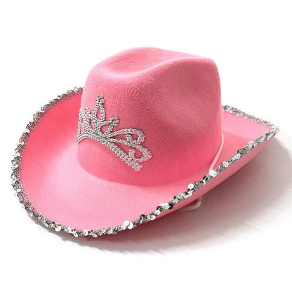 Mandotos sequined western cowboy hat with wool felt and feather trim, stylish accessory with sparkling details and feather accents.