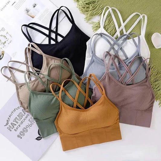 Mandotos women's back cross strap tank top and sports bra, breathable soft fabric, solid color, ideal for yoga and fitness activities.