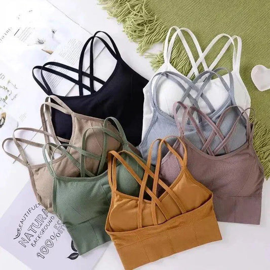 Mandotos women's back cross strap tank top and sports bra, soft breathable fabric, solid color, suitable for yoga and fitness activities.