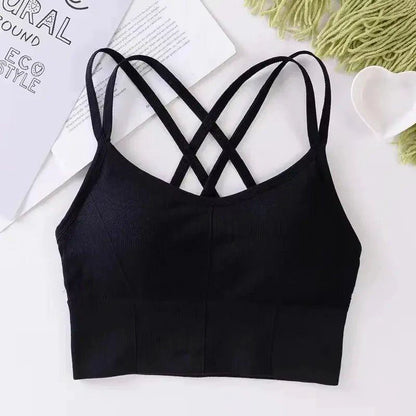 Mandotos women's back cross strap tank top and push-up sports bra, breathable, soft, solid color for yoga and fitness activities.