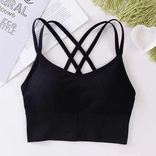 Mandotos women's back cross strap tank top and push-up sports bra, breathable, soft, solid color for yoga and fitness activities.